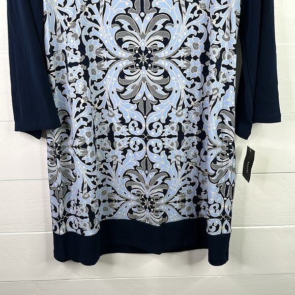 ALFANI Blue Cream Lace Overlay Zipper Back 3/4 Sleeve Mini Tunic Dress Small - Picture 6 of 11